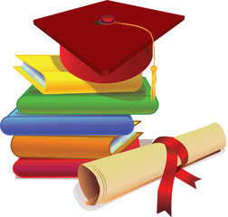 pile of books with graduation cap