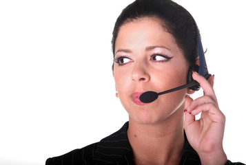 zuhören, frau mit headset