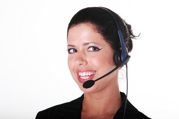 lachende frau, kopfh&ouml;rer, headset, h&uuml;bsche frau