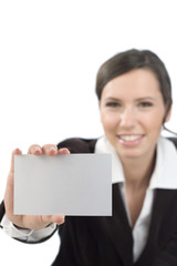 business woman presenting white card