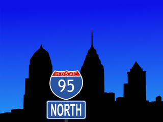 philadelphia skyline and interstate 95 sign