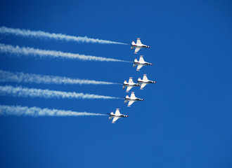 team of fighter jets flying in formation