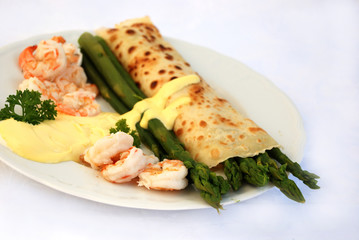 prawns with asparagus  and   pancake