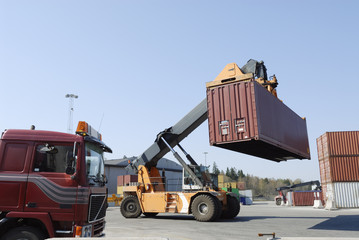 forklift, container and truck