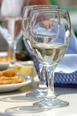 glasses of white wine on table in restaurant
