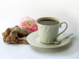 coffee,honey-cakes and pink flower