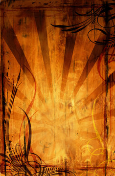 Abstrakter Grunge-Hintergrund in warmem Orange mit Vintage-Ornamenten, Sonnenstrahlen und Struktur