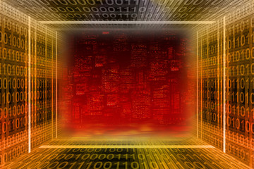 digital city. binary tunnel and city at night