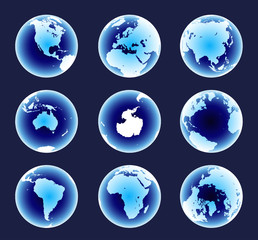 glowing blue world continents