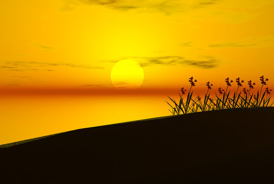 3D render of the ocean and sunset