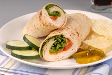 a turkey wrap with swiss cheese, pickles, cucumbers and chips