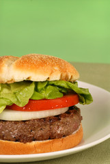 vertical view of hamburger with onions, lettuce and tomato