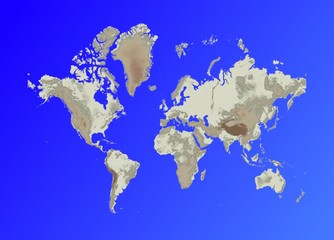 relief world map on blue gradient background