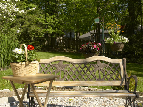 bench, table, and flowers