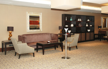 lobby of the hotel with sofas and shelves