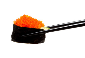 sushi with chopsticks shot on white