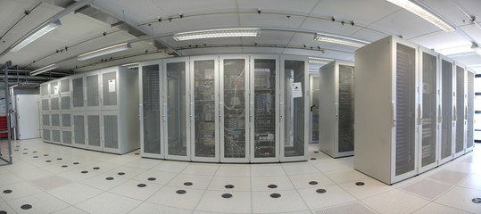hosting cabinets passage rackmounts servers data center room with computers and storage systems