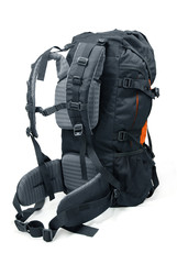 Back of modern tourist backpack isolated on white