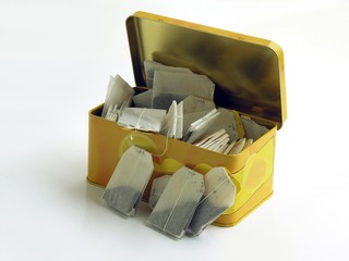 tea-bags in yellow tinware box