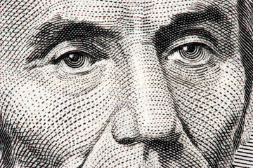 abraham lincoln close up from 5 dollar bill - obrazy, fototapety, plakaty
