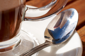 closeup of latte in glass cup