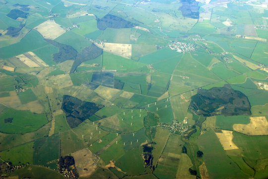 aerial view - windmills, fields and forests