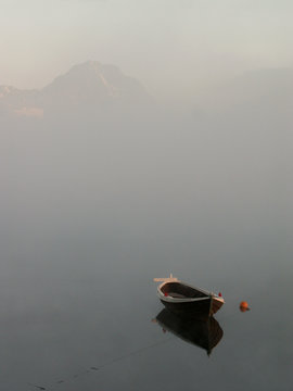 boat, fog & mountains