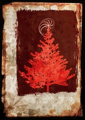 Grunge xmas tree - postcard in red and sepia
