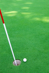 Golf ball on green to cup