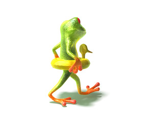 Naklejka premium grenouille va nager avec une bouée canard