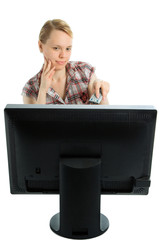 beauty girl watching TV over white background