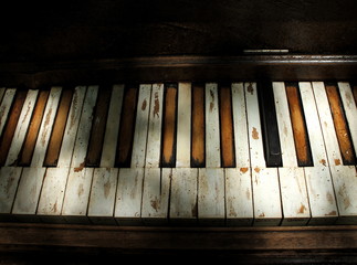 Battered piano keyboard sitting outside in dappled light