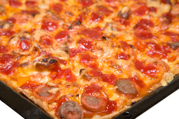 the baking tray with pizza isolated on white background