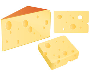 Three pieces of cheese on a white background