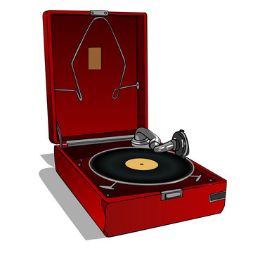 Red old record player on a white background