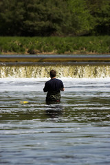 Man wading in a river, fly fishing with a low waterfall