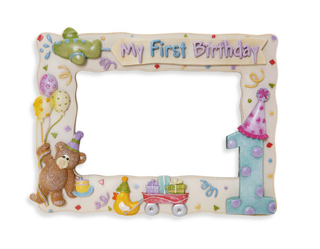 A colorful first birthday picture frame over white