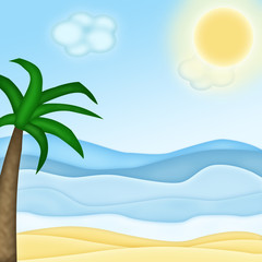 Fototapeta na wymiar a picture of a palm over blue sea and sand 