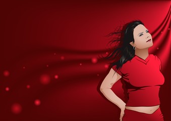 Girl and red satin - attractive girl in illustration