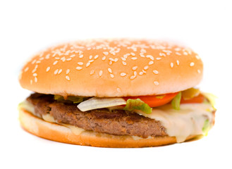 Cheese burger with lettuce and tomato,over a white background