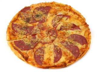 close-up of whole pepperoni pizza on white background