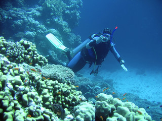 Naklejka na ściany i meble diver in deep. underwater photographer