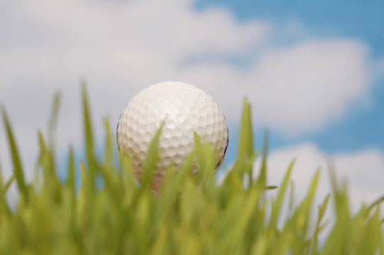 Golf ball and green grass against the blue sky