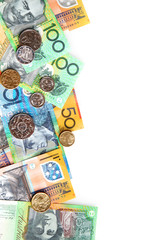 Australian notes and coins form a border on white.
