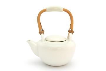 White glazed ceramic teapot with bamboo handle. 