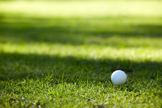 Golfball on yellow tee, soft shadows on background