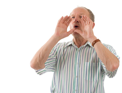 Aged man shouting. White background