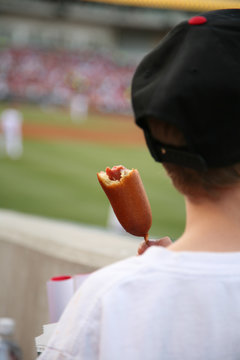 Young Boy Eating A Corndog At The Baseball Game