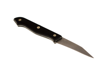 Stainless steel knife with black handle, isolated