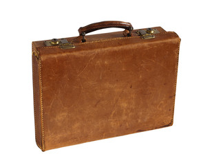 Old leather suitcase isolated on white